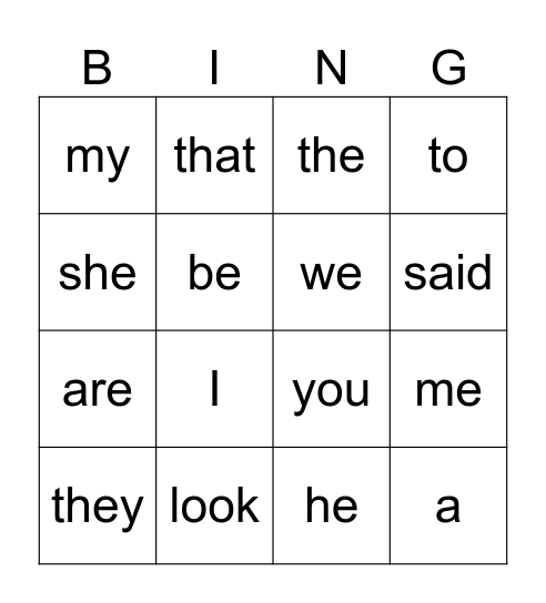 Tricky word Bingo Card