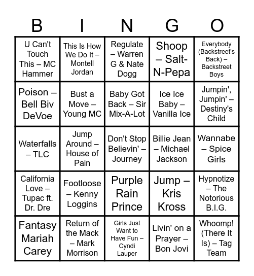 80s/90s Throwbacks Bingo Card