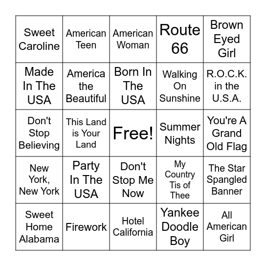 4th of July Music Bingo Card