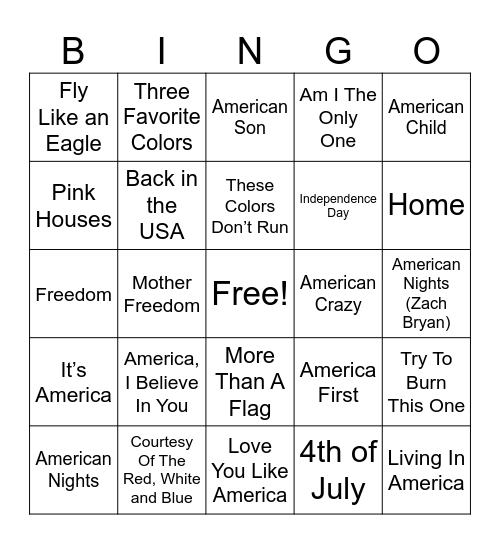 Fourth Of July Bingo Card