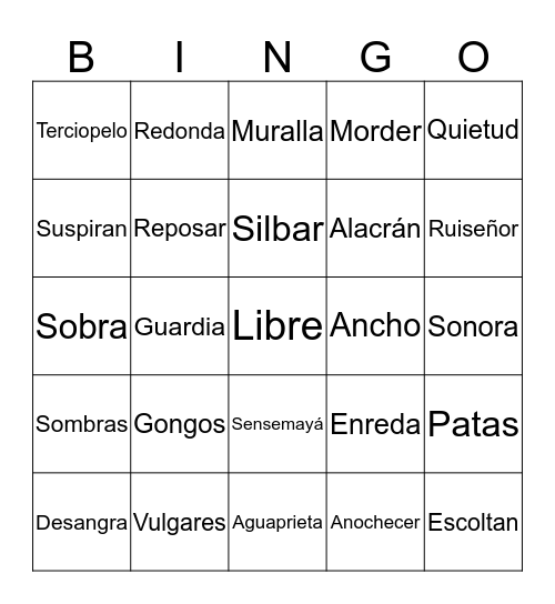 Vocabulario de los Poemas Bingo Card