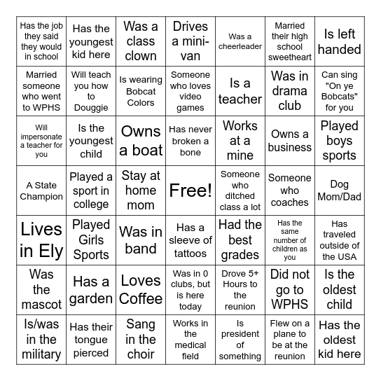 Class of 2016 Reunion Bingo Card