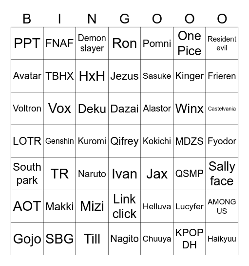 Cosplay Bingo Card