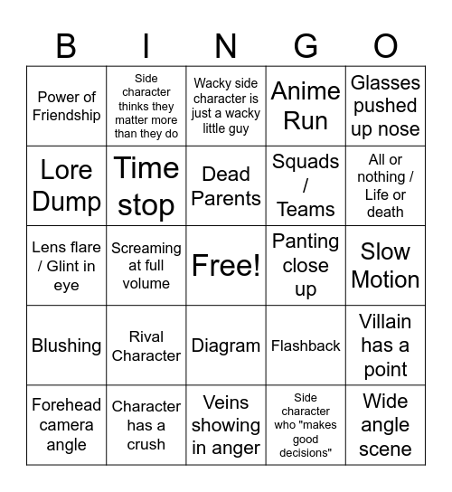 Anime Tropes Bingo Card