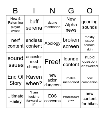 TFD 2nd Anniversary Stream Bingo Card