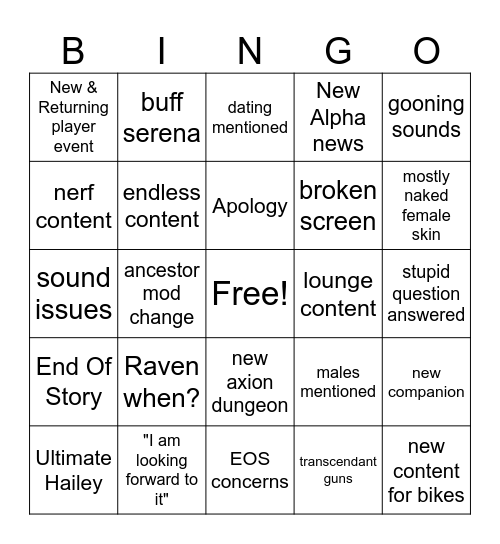 TFD 2nd Anniversary Stream Bingo Card