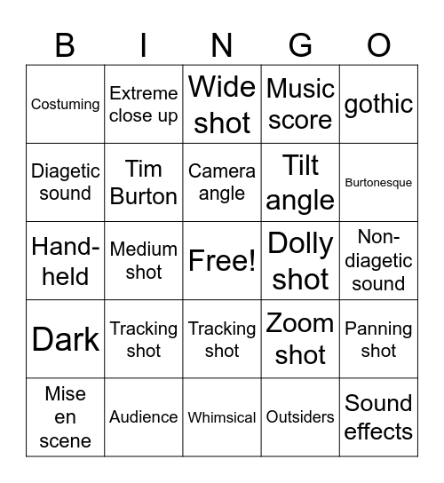 Tim Burton & Film Techniques Bingo Card
