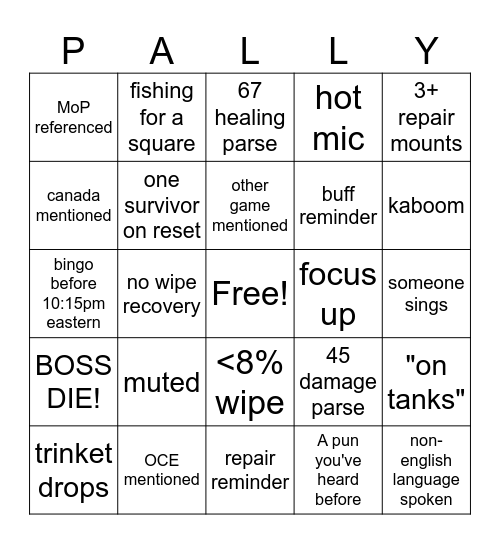 PalGO2 Bingo Card