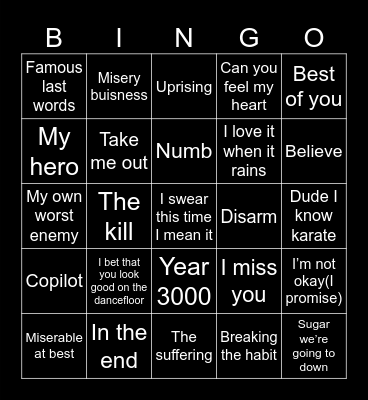 Alternative music bingo Card