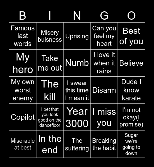 Alternative music bingo Card