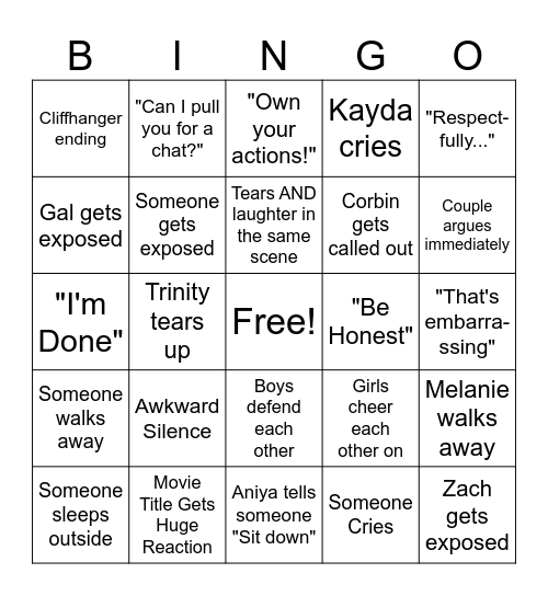 Love Island Bingo Card