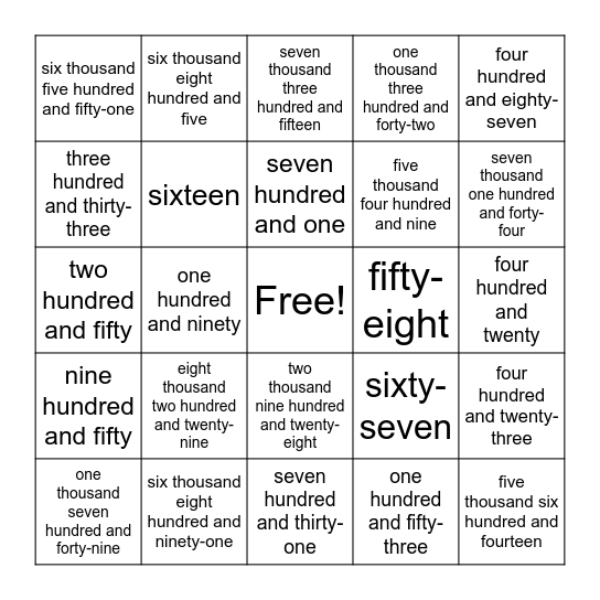 Numeros en Ingles Bingo Card