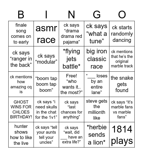Cactus Canyon Marble Race Bingo Card