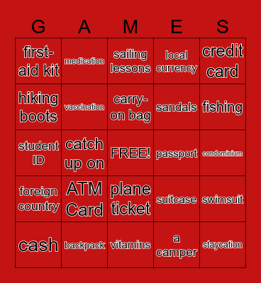 Vacation Bingo Card