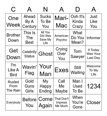 Canadian Music Bingo Card