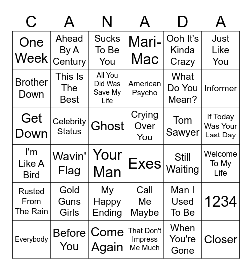 Canadian Music Bingo Card