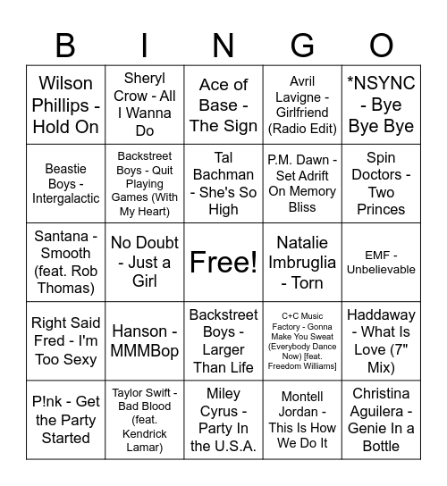 90's Pop 1 Bingo Card