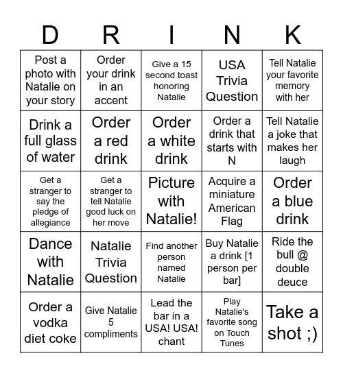 Natalie's Going Away Party Bingo Card