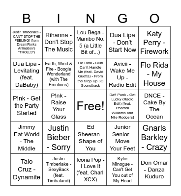 Party Anthems 1 Bingo Card
