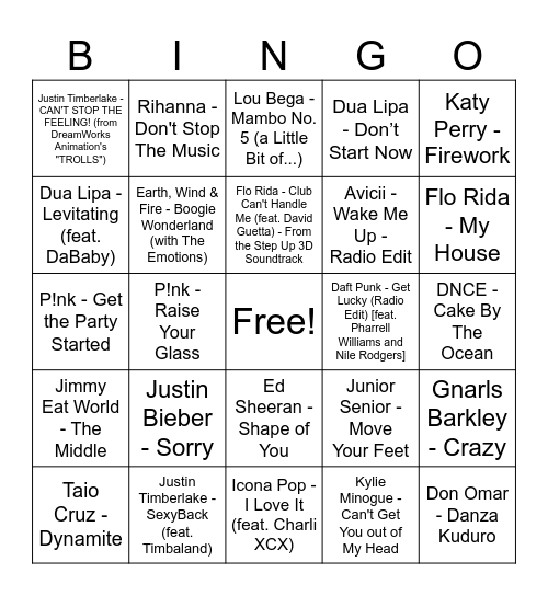 Party Anthems 1 Bingo Card