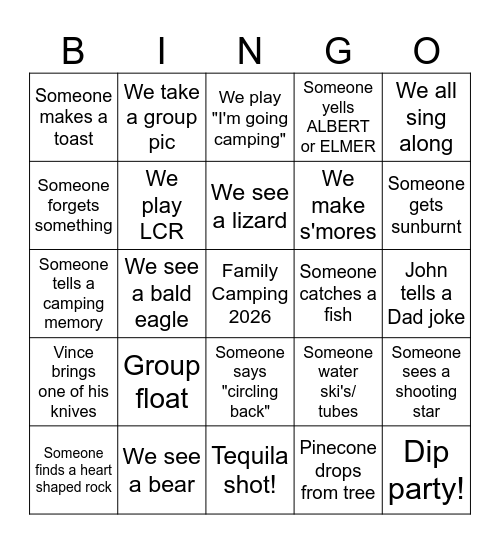 Family Camping Bingo 2026 Bingo Card
