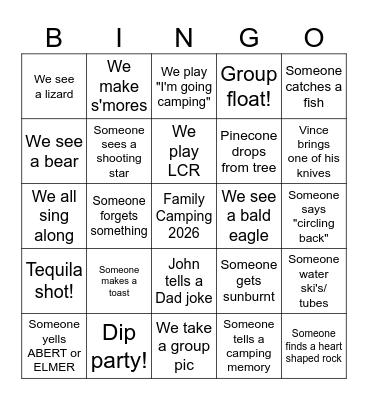 Family Camping 2026 Bingo Card