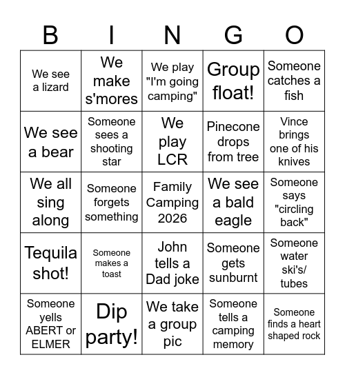 Family Camping 2026 Bingo Card