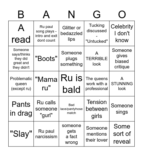 Drag Bango Bingo Card