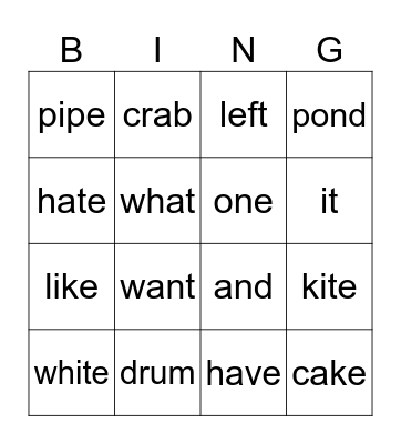 Sight Words Bingo Card