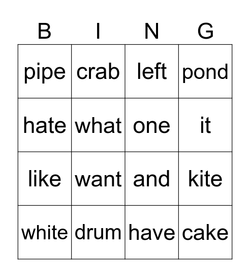 Sight Words Bingo Card