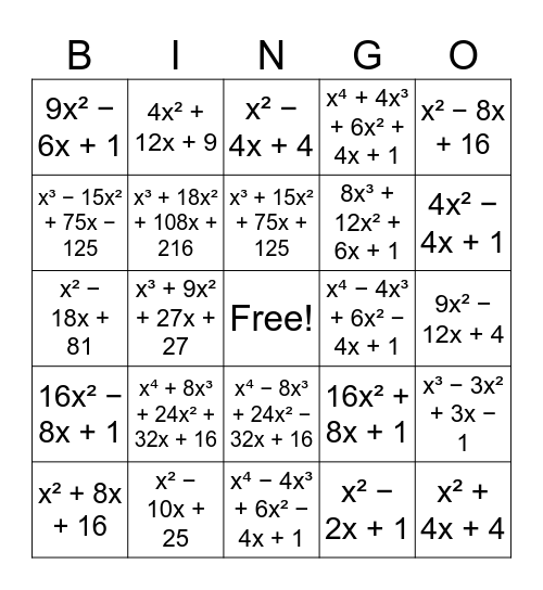 Binomial Bingo Card