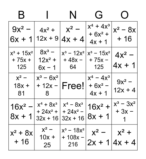 Binomial Bingo Card