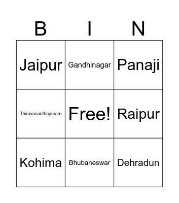Capital Cities of States In India Bingo Card