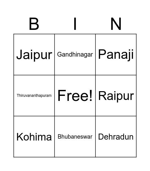 Capital Cities of States In India Bingo Card