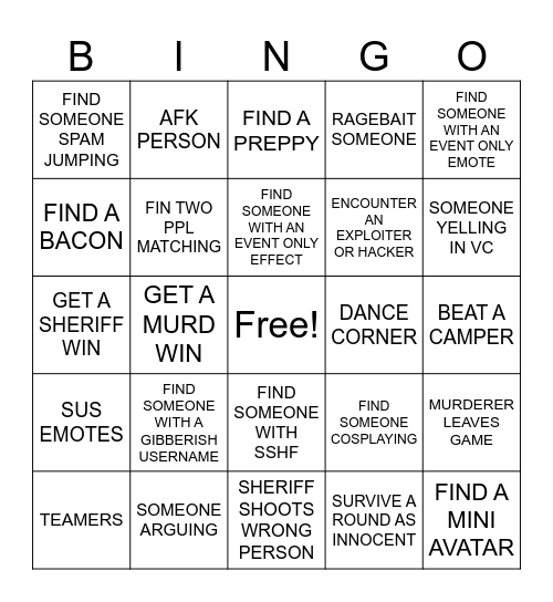 Murder Mystery 2 BINGO Card