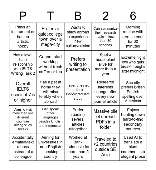 IHT PTB Bingo Card