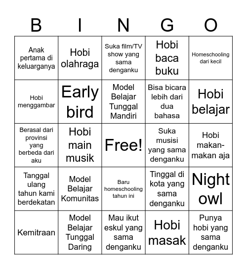 Orientation Bingo Card