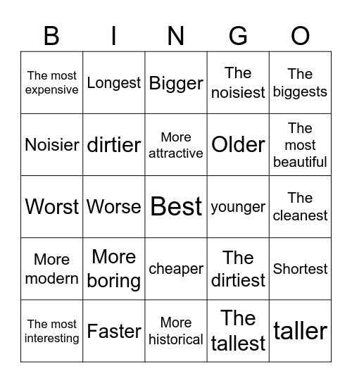 Comparatives and Superlatives Bingo Card