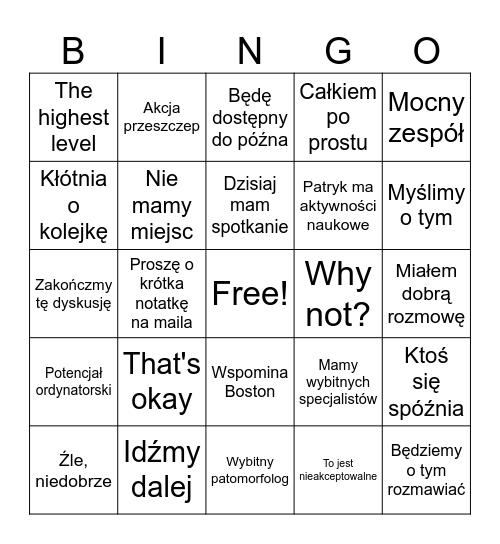 Bingo odprawa Bingo Card