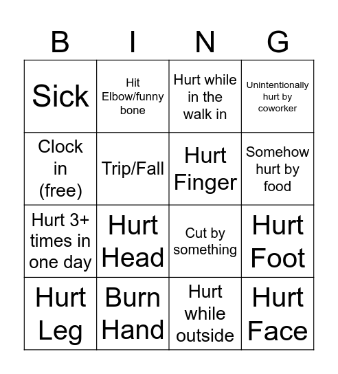 Jen's Injury Bingo Card