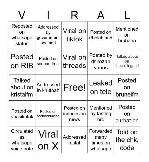 Being viral in brunei Bingo Card