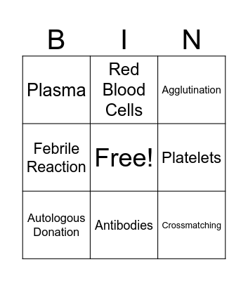 Blood Banking Bingo Card