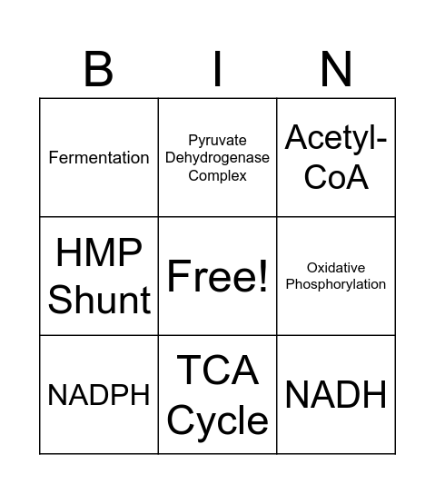 CHO Metabolisim Bingo Card