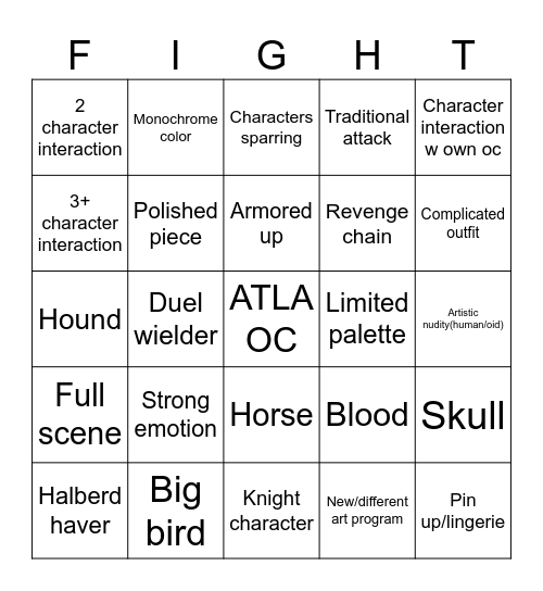 Art fight 2026 Bingo Card