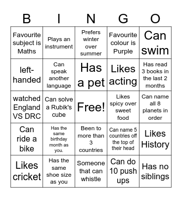 Year 7 Induction Bingo Card