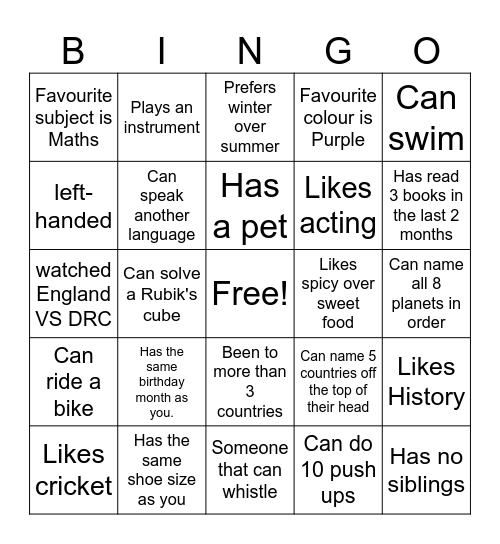 Year 7 Induction Bingo Card
