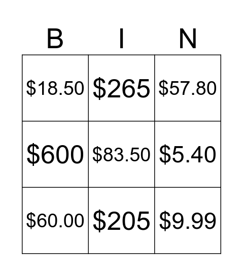MONEY BINGO HARDER Bingo Card