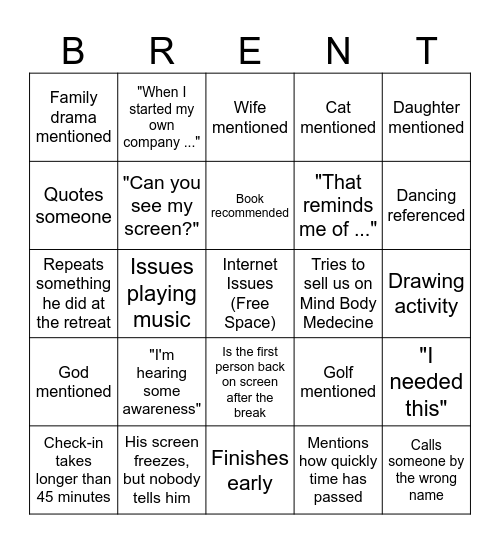 Brent Bingo Card