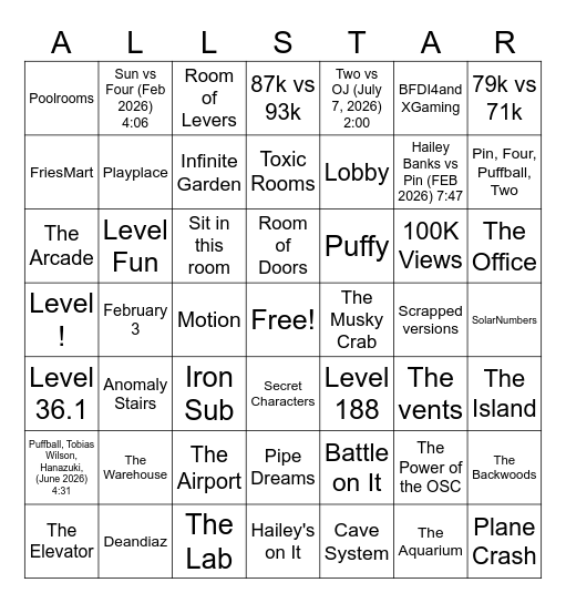 BFDI All-Stars Bingo Card