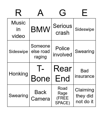 Road Rage Bingo Card